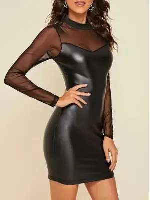 Kadın Uzun Kollu Balıkçı Yaka Tül Detaylı Mini Deri Elbise