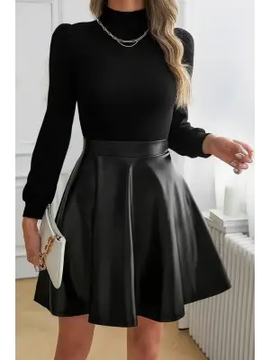 Kadın Uzun Kollu Balıkçı Yaka üst Kaşkorse Alt Deri Detaylı Mini Elbise