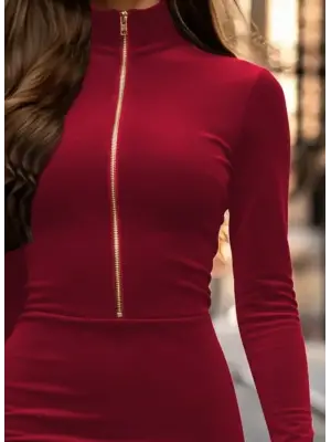 Kadın Uzun Kollu Balıkçı Yaka Yakadan Göğüse Kadar Fermuar Detaylı Mini Kadife Elbise