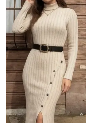 Kadın Uzun Kollu Balıkçı Yaka Yırtmaçlı Düğmeli şardonlu Kaşkorse Elbise