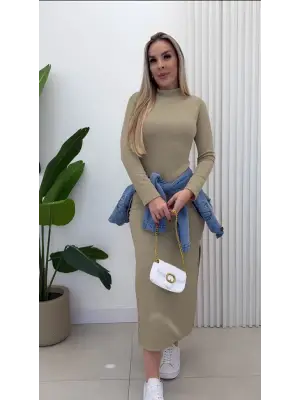 Kadın Uzun Kollu Balıkçı Yakalı Yanlardan Yırtmaçlı Kaşkorse Maxi Elbise