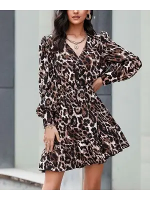 Kadın Uzun Kollu Beli Lastikli Etek Ucu Volanlı Leopar Desen Krep Elbise