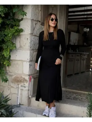 Kadın Uzun Kollu Bisiklet Yaka Arkası çapraz Detaylı Viskon Iki Iplik Maxi Elbise