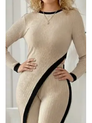 Kadın Uzun Kollu Bisiklet Yaka Asimetrik Kesim Bluz şardonlu Kaşkorse Bluz Ve Pantolon Ikili Takım