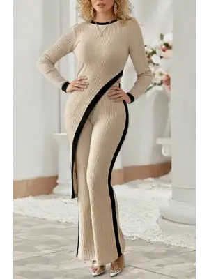 Kadın Uzun Kollu Bisiklet Yaka Asimetrik Kesim Bluz şardonlu Kaşkorse Bluz Ve Pantolon Ikili Takım