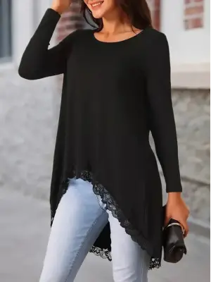 Kadın Uzun Kollu Bisiklet Yaka Asimetrik Kesim Detaylı Dantelli Viskon Bluz