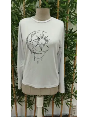 Kadın Uzun Kollu Bisiklet Yaka Ay Baskılı Viskon Bluz