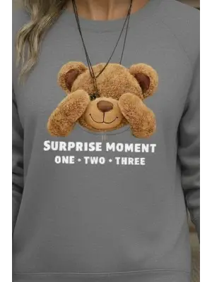 Kadın Uzun Kollu Bisiklet Yaka Ayıcık Desenli Viskon Iki Iplik Bluz