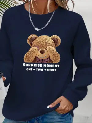 Kadın Uzun Kollu Bisiklet Yaka Ayıcık Desenli Viskon Iki Iplik Bluz