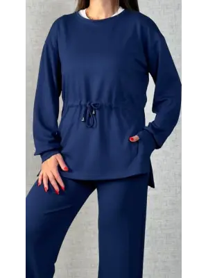 Kadın Uzun Kollu Bisiklet Yaka Belden Büzgülü Bağcıklı Viskon Iki Iplik Bluz Ve Pantolon Ikili Takım