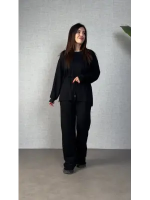 Kadın Uzun Kollu Bisiklet Yaka Belden Büzgülü Bağcıklı Viskon Iki Iplik Bluz Ve Pantolon Ikili Takım