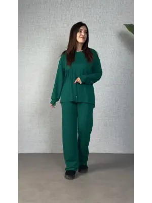 Kadın Uzun Kollu Bisiklet Yaka Belden Büzgülü Bağcıklı Viskon Iki Iplik Bluz Ve Pantolon Ikili Takım