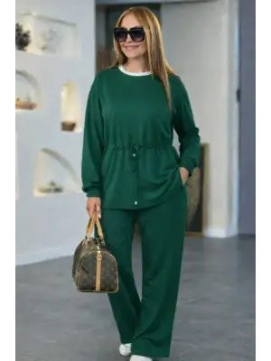 Kadın Uzun Kollu Bisiklet Yaka Belden Büzgülü Bağcıklı Viskon Iki Iplik Bluz Ve Pantolon Ikili Takım