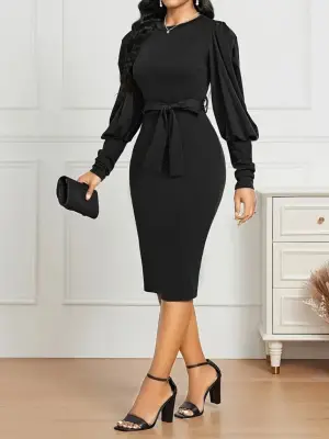Kadın Uzun Kollu Bisiklet Yaka Beli Kuşaklı Ithal Krep Midi Elbise
