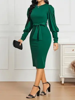 Kadın Uzun Kollu Bisiklet Yaka Beli Kuşaklı Ithal Krep Midi Elbise