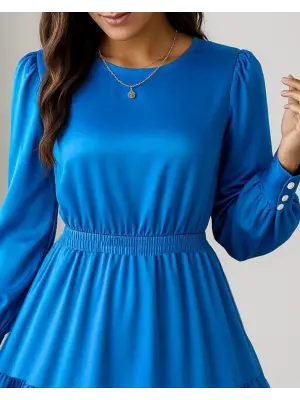 Kadın Uzun Kollu Bisiklet Yaka Beli Lastikli Fırfırlı Ithal Krep Elbise