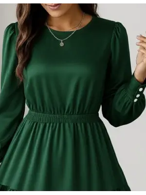 Kadın Uzun Kollu Bisiklet Yaka Beli Lastikli Fırfırlı Ithal Krep Elbise