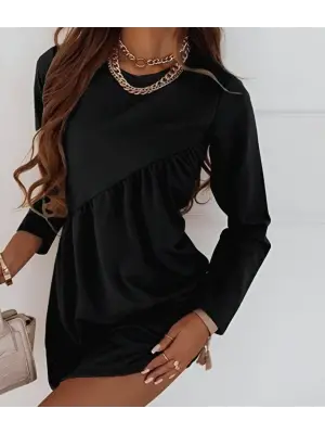 Kadın Uzun Kollu Bisiklet Yaka çapraz Büzgü Detay Iki Iplik Mini Boy Elbise