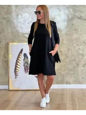 Kadın Uzun Kollu Bisiklet Yaka Cep Detay Etek Ucu Volanlı Iki Iplik Elbise