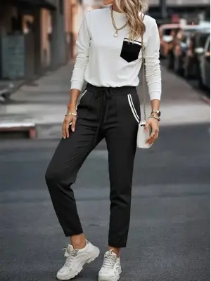 Kadın Uzun Kollu Bisiklet Yaka Cepli Viskon Iki Iplik Bluz Ve Pantolon Ikili Takım