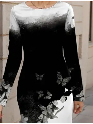 Kadın Uzun Kollu Bisiklet Yaka çiçek Desenli Kısa şardonlu Dalgıç Elbise