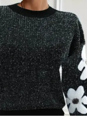 Kadın Uzun Kollu Bisiklet Yaka çiçek Desenli Triko Bluz