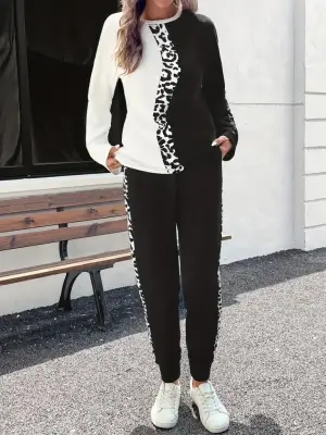 Kadın Uzun Kollu Bisiklet Yaka çift Renkli Viskon Iki Iplik Bluz Ve Pantolon Ikili Takım