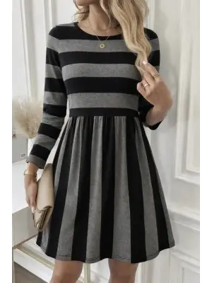 Kadın Uzun Kollu Bisiklet Yaka çizgili Desen Detaylı Süprem Mini Elbise