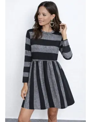 Kadın Uzun Kollu Bisiklet Yaka çizgili Desen Detaylı Süprem Mini Elbise