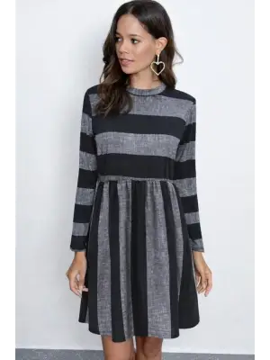 Kadın Uzun Kollu Bisiklet Yaka çizgili Desen Detaylı Süprem Mini Elbise