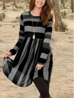 Kadın Uzun Kollu Bisiklet Yaka çizgili Desen Detaylı Süprem Mini Elbise