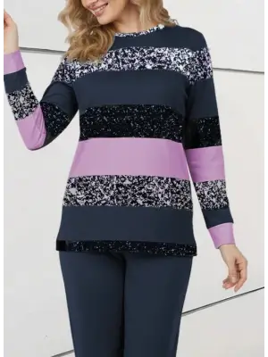 Kadın Uzun Kollu Bisiklet Yaka çizgili Desen Iki Iplik Bluz Ve Pantolon Ikili Takım