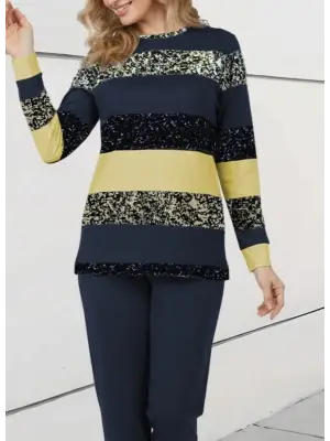 Kadın Uzun Kollu Bisiklet Yaka çizgili Desen Iki Iplik Bluz Ve Pantolon Ikili Takım