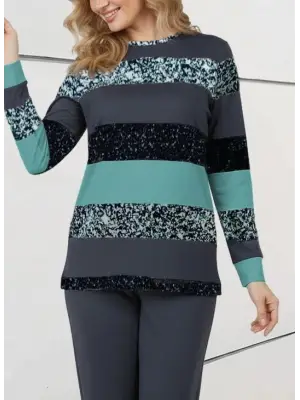 Kadın Uzun Kollu Bisiklet Yaka çizgili Desen Iki Iplik Bluz Ve Pantolon Ikili Takım