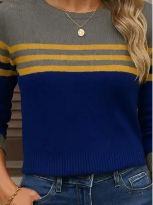 Kadın Uzun Kollu Bisiklet Yaka çok Renkli Triko Bluz