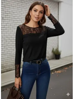 Kadın Uzun Kollu Bisiklet Yaka Dantel Detaylı Burgu Bluz