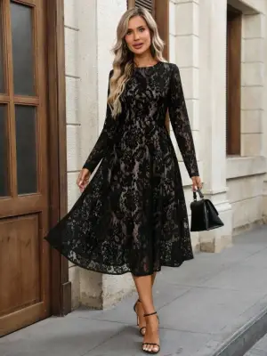 Kadın Uzun Kollu Bisiklet Yaka Dantelli Astarlı Midi Elbise