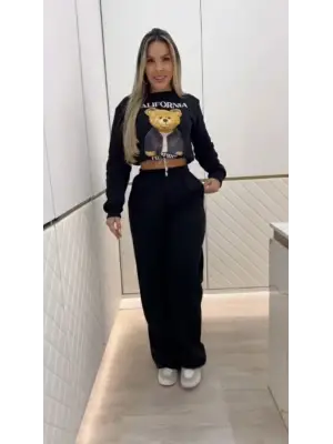 Kadın Uzun Kollu Bisiklet Yaka Desenli Iki Iplik şardonlu Bluz Ve Pantolon Ikili Takım