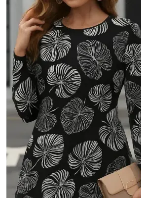 Kadın Uzun Kollu Bisiklet Yaka Desenli Kısa Krep Elbise