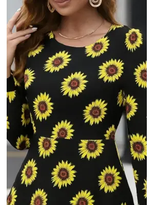 Kadın Uzun Kollu Bisiklet Yaka Desenli Kısa Krep Elbise