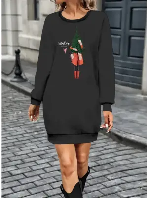 Omarı Renkli Desenli Kadın Uzun Kollu Elbise