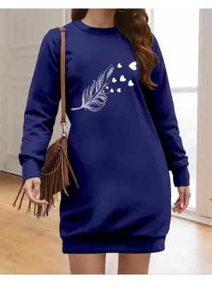 Kadın Uzun Kollu Bisiklet Yaka Desenli Viskon Iki Iplik Elbise