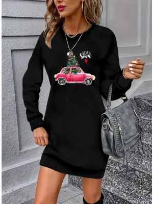 Omarı Şık Desenli Uzun Kollu Viskon Elbise