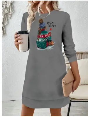 Omarı Uzun Kollu Desenli Viskon Elbise