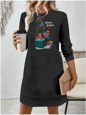 Omarı Rahat ve Şık Desenli Uzun Kollu Elbise