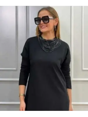 Kadın Uzun Kollu Bisiklet Yaka Etek Ucu Deri Dantelli Viskon Iki Iplik Midi Elbise