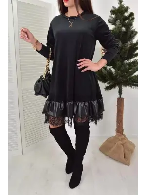 Kadın Uzun Kollu Bisiklet Yaka Etek Ucu Deri Ve Tül Detay Iki Iplik Mini Boy Elbise