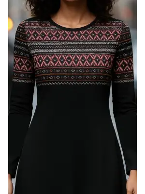 Kadın Uzun Kollu Bisiklet Yaka Etnik Desenli Kısa şardonlu Dalgıç Elbise