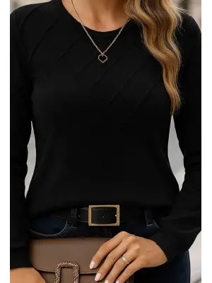 Kadın Uzun Kollu Bisiklet Yaka Geometrik Desenli Triko Bluz