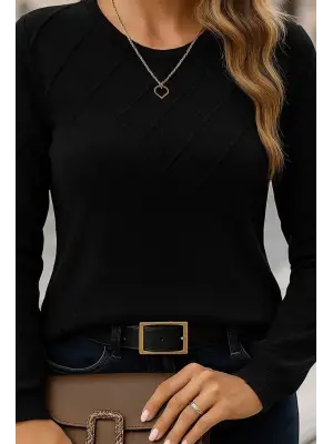 Kadın Uzun Kollu Bisiklet Yaka Geometrik Desenli Triko Bluz